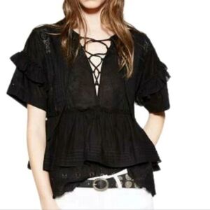 The Kooples Embroidered Cotton Ruffle Blouse Womens XS Black Summer Top